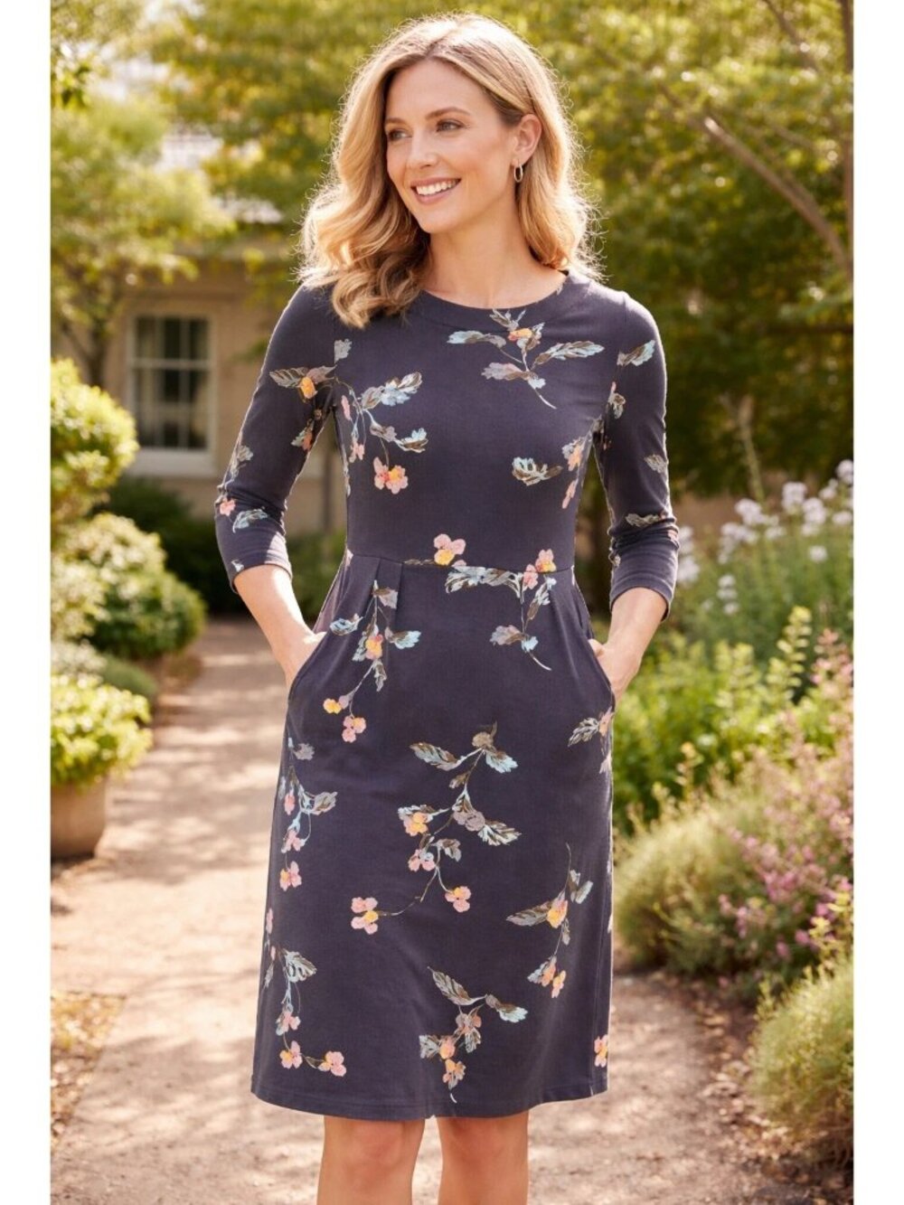 Joules Beth Jersey Floral Ponte Dress - Navy‎ Blue - 3/4 Sleeve